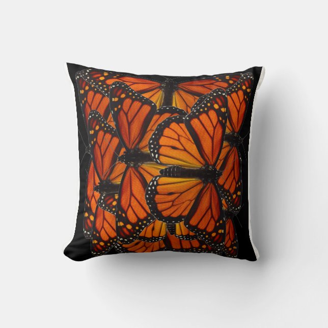 ORANGE MONARCH BUTTERFLY WINGS  BLACK MODERN ART THROW PILLOW (Front)