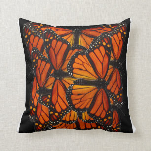 ORANGE MONARCH BUTTERFLY WINGS  BLACK MODERN ART THROW PILLOW