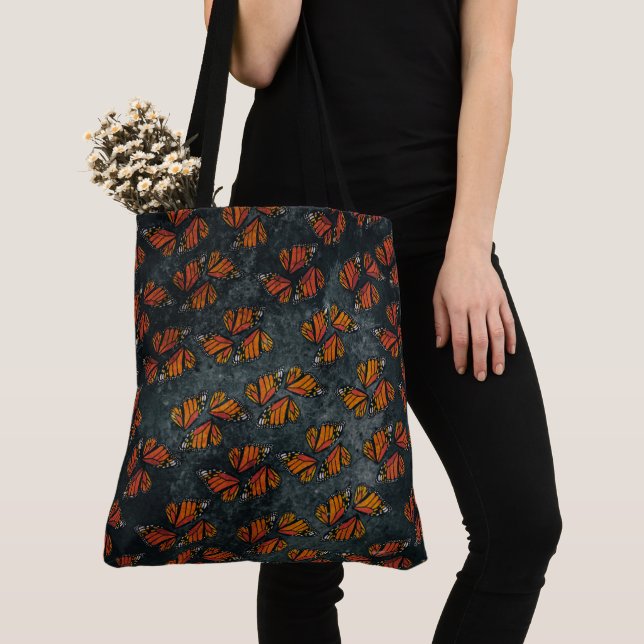 Orange Monarch Butterfly Wings Marbled Grey Tote Bag (Close Up)