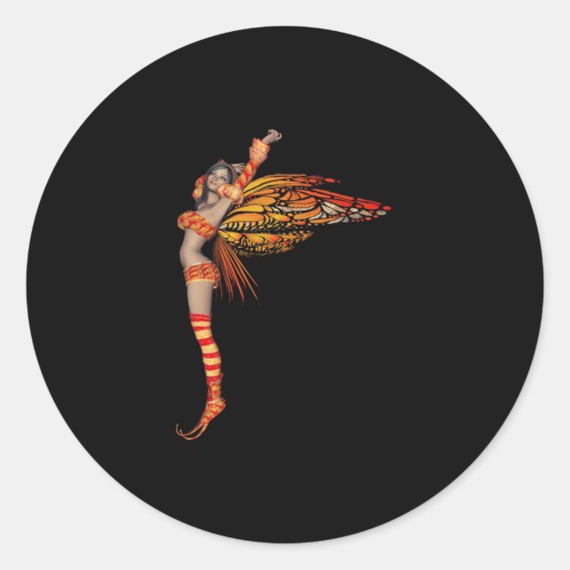 Orange Monarch Pixie Butterfly Fairy 2 - Classic Round Sticker (Front)