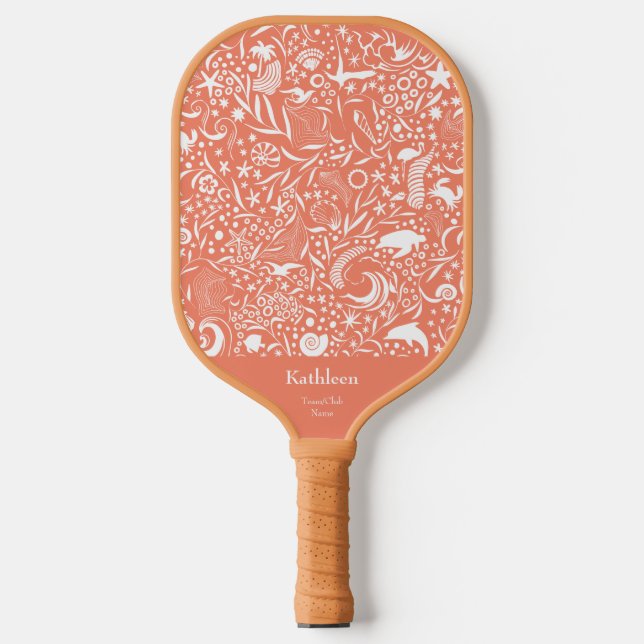 Orange Monogram Add Your Name Ocean Pattern Pickleball Paddle (Front)