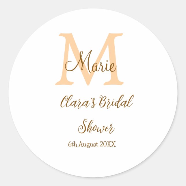 Orange monogram bridal shower add name modern simp classic round sticker (Front)