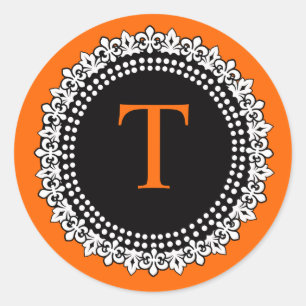 Orange Monogram Fleur de Lis Wedding Favour Sticke Classic Round Sticker