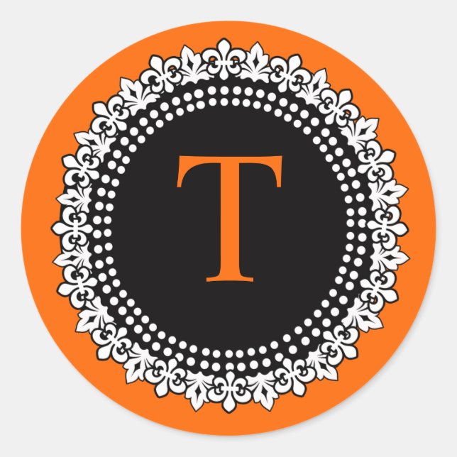 Orange Monogram Fleur de Lis Wedding Favour Sticke Classic Round Sticker (Front)
