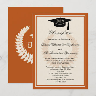 Orange Monogram Laurel Classic College Graduation Invitation
