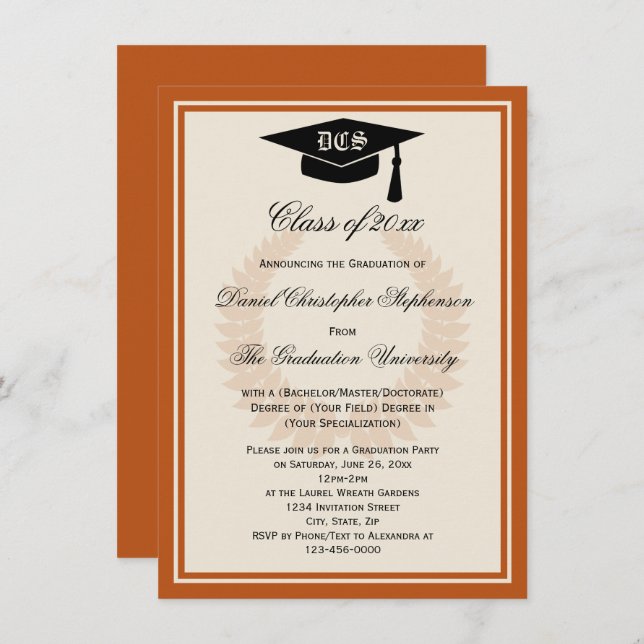 Orange Monogram Laurel Classic College Graduation Invitation (Front/Back)