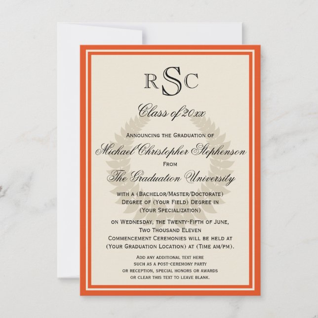 Orange Monogram Laurel Classic College Graduation Invitation (Front)