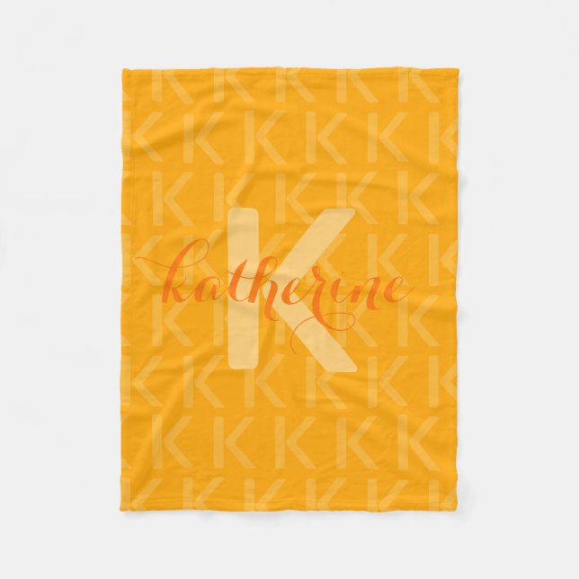 Orange Monogram Pattern Script Name Fleece Blanket (Front)