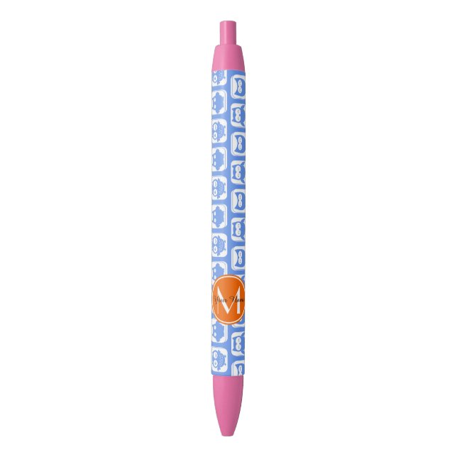 Orange Monogram Personalized Name Blue Owls Black Ink Pen (Front Vertical)