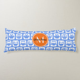 Orange Monogram Personalized Name Blue Owls Body Pillow