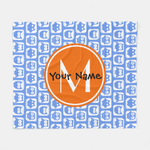 Orange Monogram Personalized Name Blue Owls Fleece Blanket