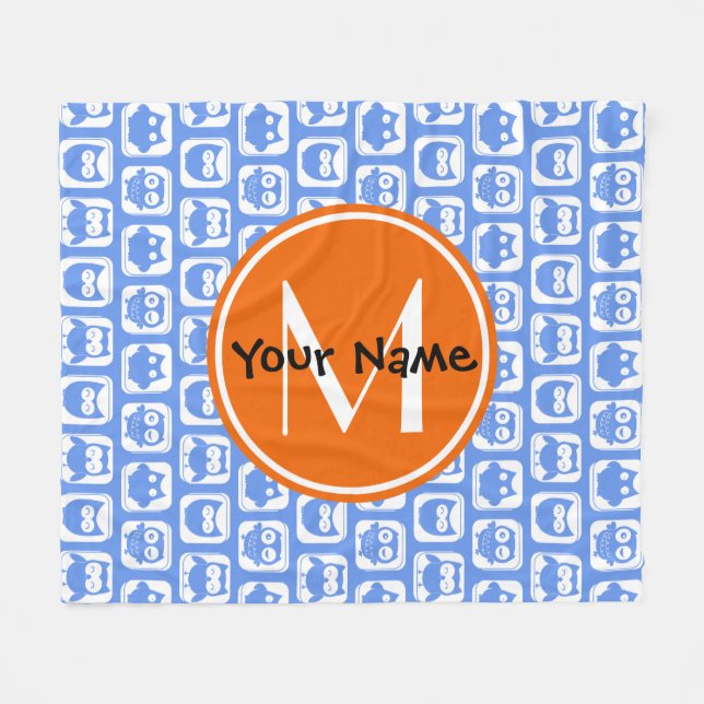Orange Monogram Personalized Name Blue Owls Fleece Blanket (Front (Horizontal))