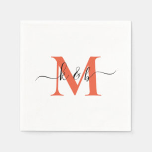 Orange Monogram Swash Script White Cocktail  Napkin