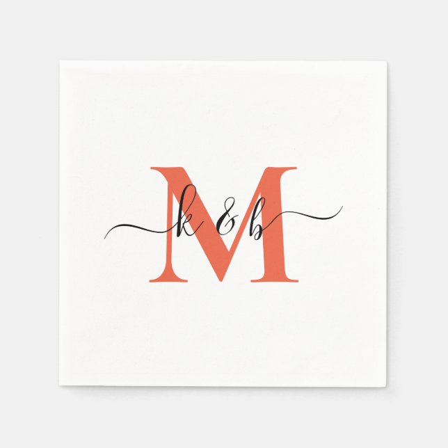 Orange Monogram Swash Script White Cocktail  Napkin (Front)