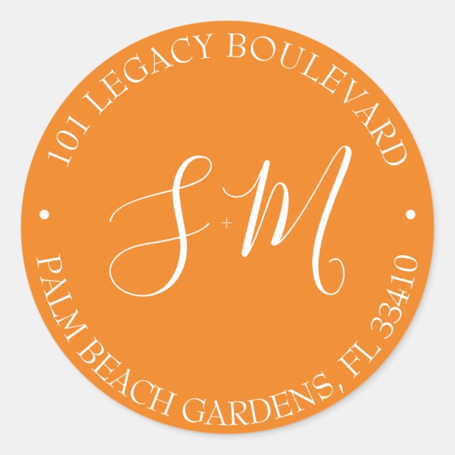 Orange Monogram Wedding Return Address Classic Round Sticker (Front)