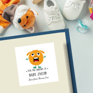 orange Monster Baby Toddler Personalized Bookplate Square Sticker