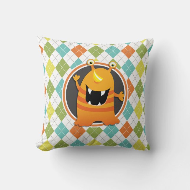 Orange Monster on Colourful Argyle Pattern Throw Pillow (Front)
