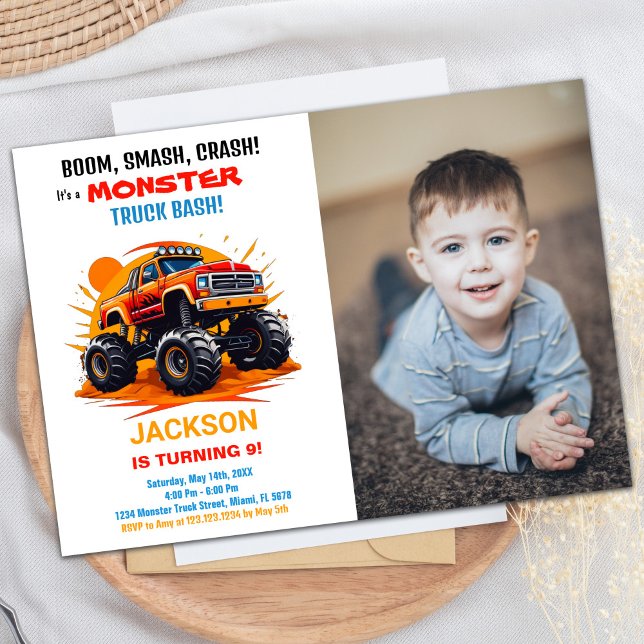 Orange Monster Truck Birthday Invitations Photo (Orange Monster Truck Birthday Invitations Photo)