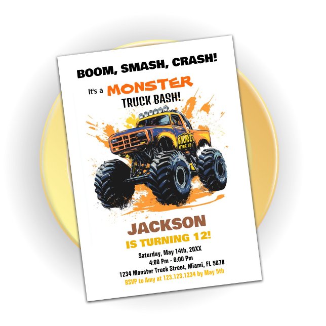 Orange Monster Truck Invitations Anniversaire (Orange Monster Truck Birthday Invitations)