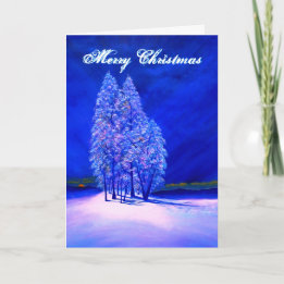 Orange Moon Peeking at Frosty Christmas Trees Holiday Card