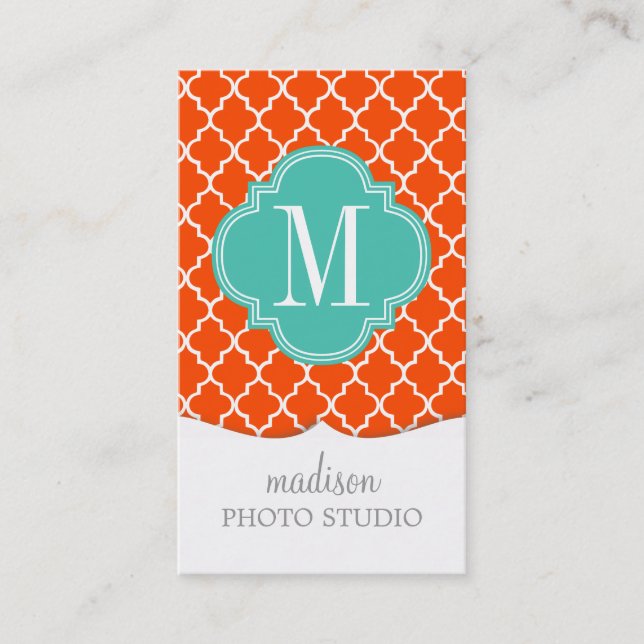 Orange Moroccan Tiles Lattice Personalized Business Card (Front)