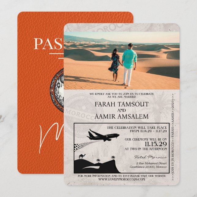 Orange Morocco Passport Wedding Invitation (Front/Back)
