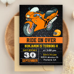 Orange Motorcycle Racing Kids Birthday Invitation<br><div class="desc">Invite your guests with this cool racing birthday party invitation featuring an orange sports motorcycle with modern typography against a black steel background. Simply add your event details on this easy-to-use template to make it a one-of-a-kind invitation. Flip the card over to reveal a black and white chequered pattern on...</div>