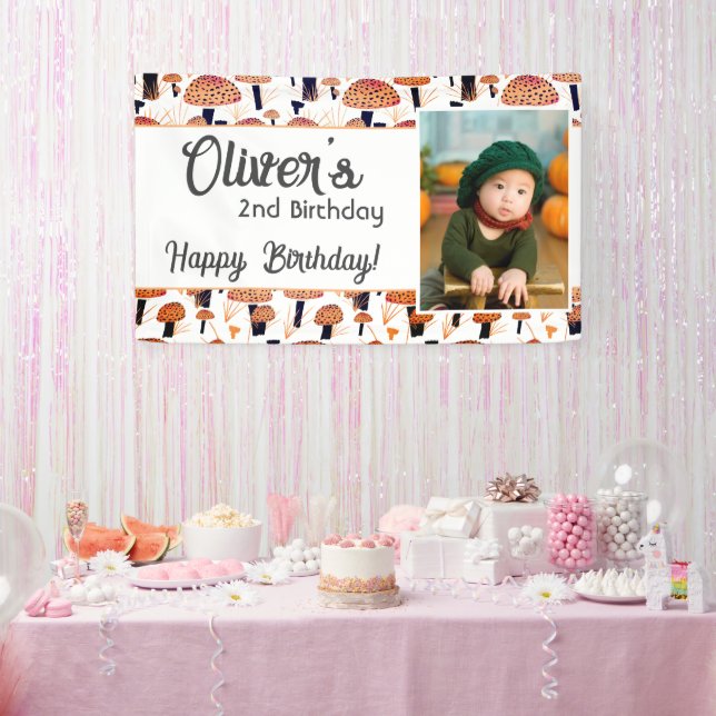 Orange Mushroom Pattern Fall Photo Birthday Banner (Party)