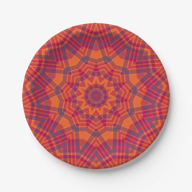 Orange n Purple Plaid  Kaleidoscope Paper Plate (Front)