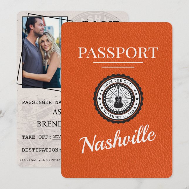 Orange Nashville Passport Save The Date (Front/Back)