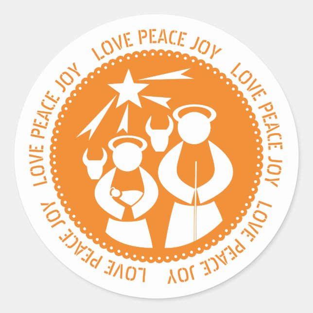 Orange Nativity Scene Love, Peace, Joy Christmas Classic Round Sticker (Front)