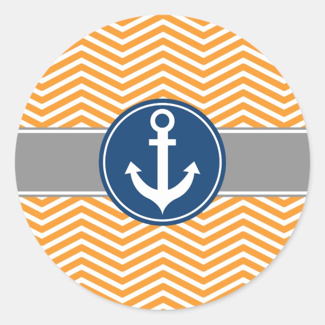 Orange Nautical Anchor Chevron Classic Round Sticker (Front)