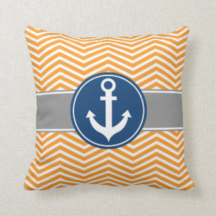 Orange Nautical Anchor Chevron Throw Pillow