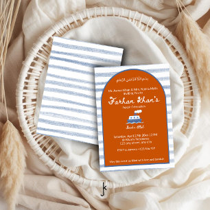 Orange Nautical Coastal Stripe Baby Boy Aqiqah Invitation