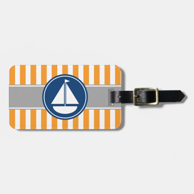 Orange Nautical Sailboat Stripes Luggage Tag (Front Horizontal)