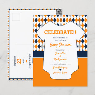 Orange & Navy Blue Argyle Pattern Baby Shower Postcard