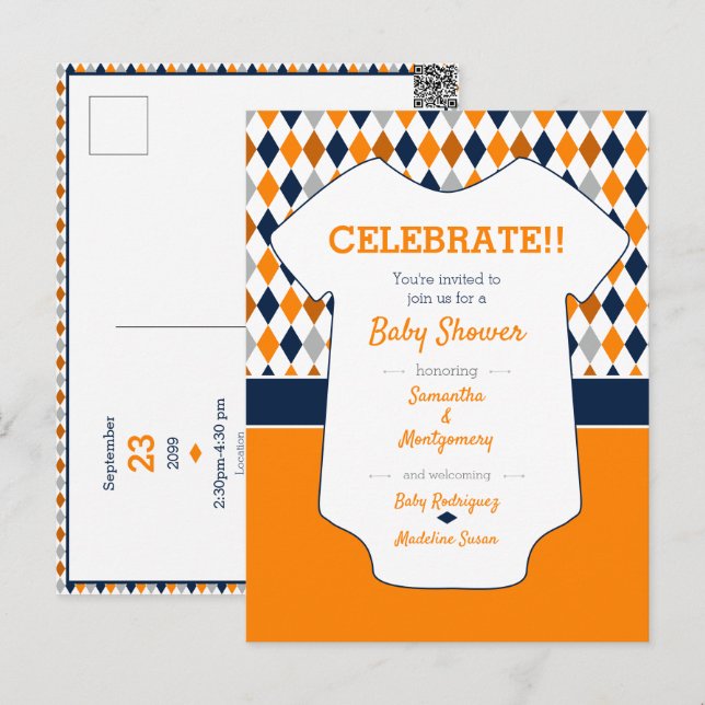 Orange & Navy Blue Argyle Pattern Baby Shower Postcard (Front/Back)