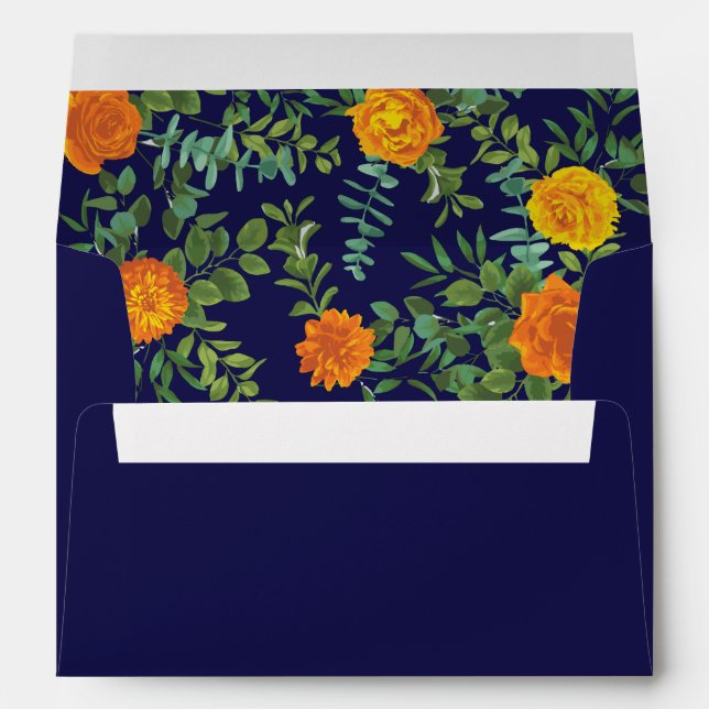 Orange & Navy Blue Peony & Rose Floral Wedding Envelope (Back (Bottom))