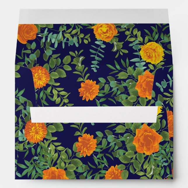 Orange & Navy Blue Peony & Rose Floral Wedding Envelope (Back (Bottom))