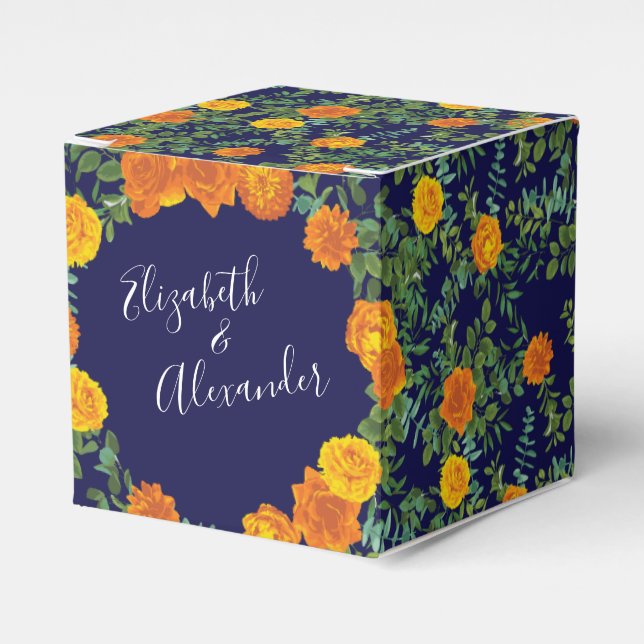 Orange Navy Blue Peony & Rose Floral Wedding Favor Box (Front Side)