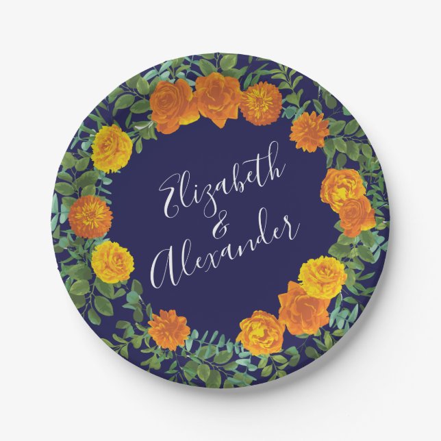 Orange Navy Blue Peony & Rose Floral Wedding Paper Plate (Front)