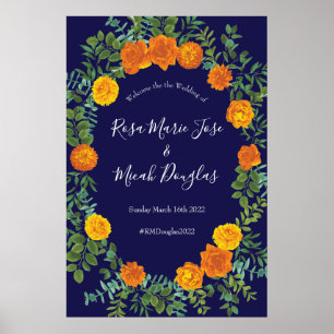 Orange & Navy Blue Peony & Rose Floral Wedding Poster