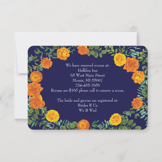 Orange & Navy Blue Peony Rose Information Invitation (Front)