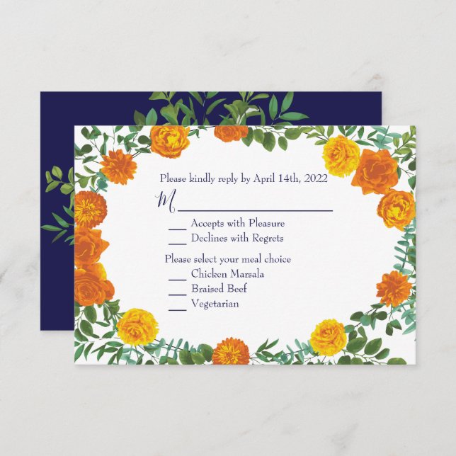 Orange & Navy Blue Peony Rose Invitation Réponse (Devant / Derrière)