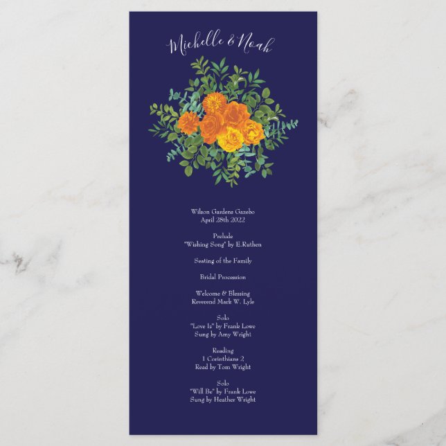 Orange Navy Blue Peony Rose Wedding Programs (Front)