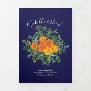 Orange & Navy Blue Peony Rose Wedding Programs Tri-Fold Programme