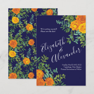 Orange Navy Blue Peony Rose Wedding Save Date Invitation