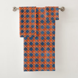 Orange Navy Blue Watercolor Pattern Bath Towel Set