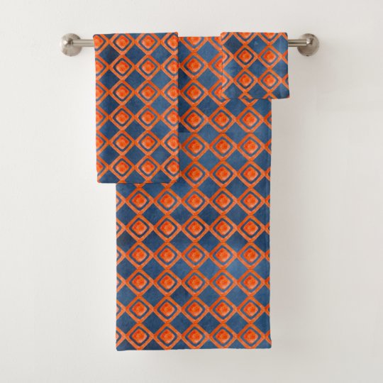 Orange Navy Blue Watercolor Pattern Bath Towel Set | Zazzle.ca