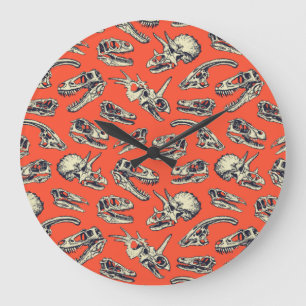 Orange & Navy Dinosaur Skulls Large Clock